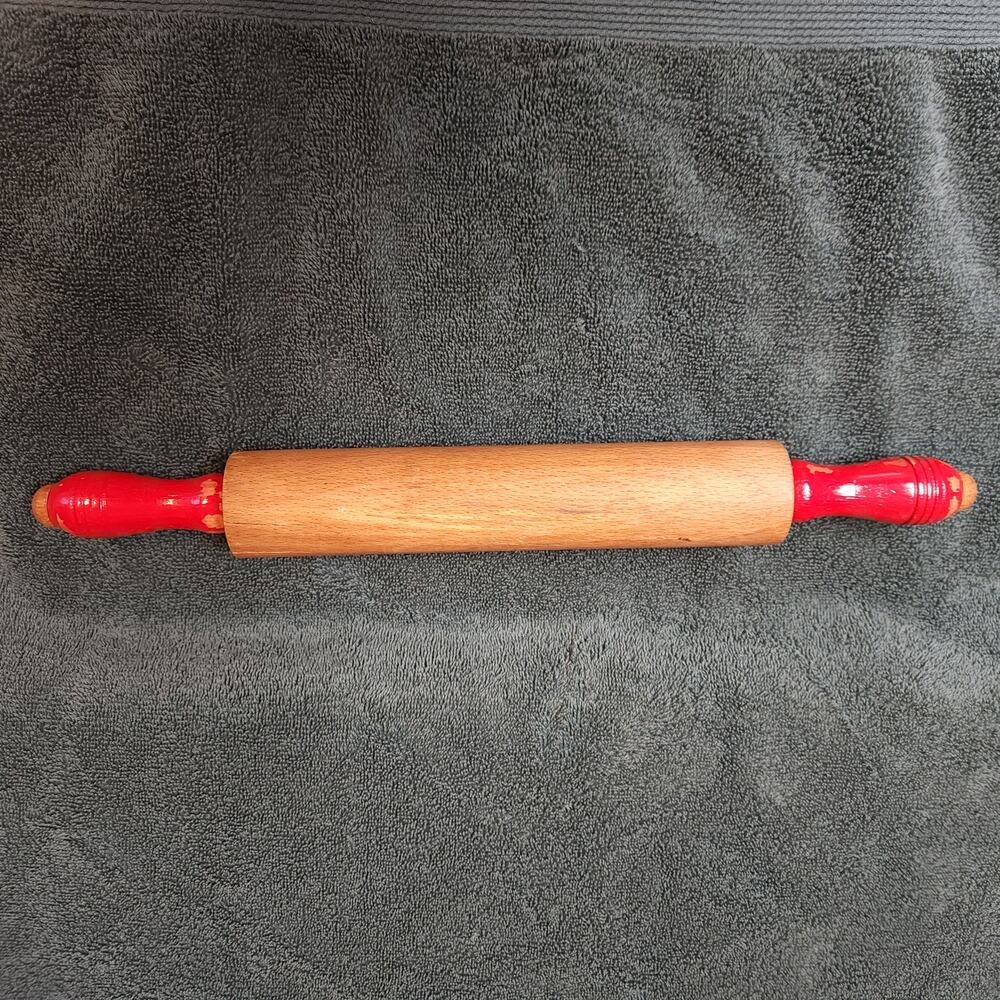Vintage Hardwood Rolling Pin w Red Grooved Handles Circa 1950s - 1960s